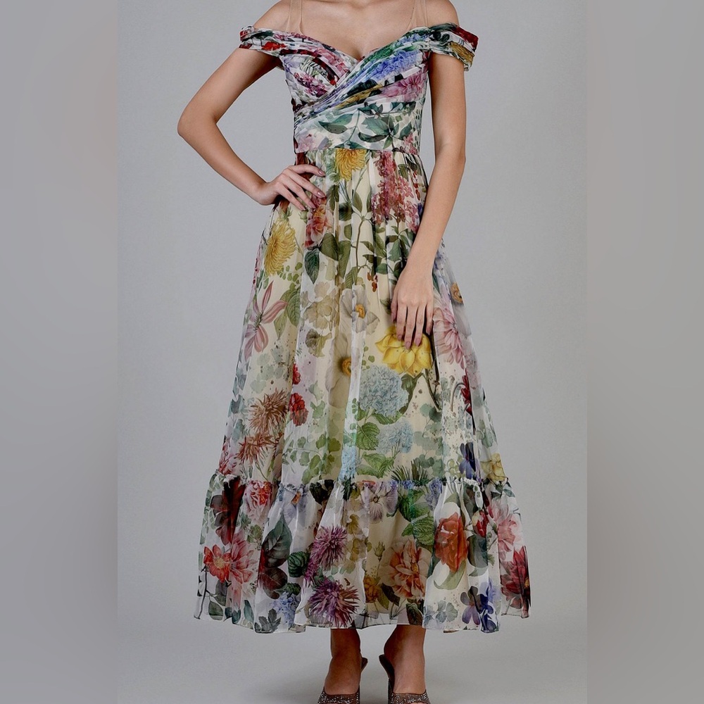 Anthropologie Geisha Designs Floral Mesh Dress Size 10 NWOT Tiered Midi Romantic